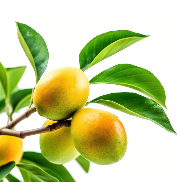 Trois oranges sur un arbre aux feuilles vertes.