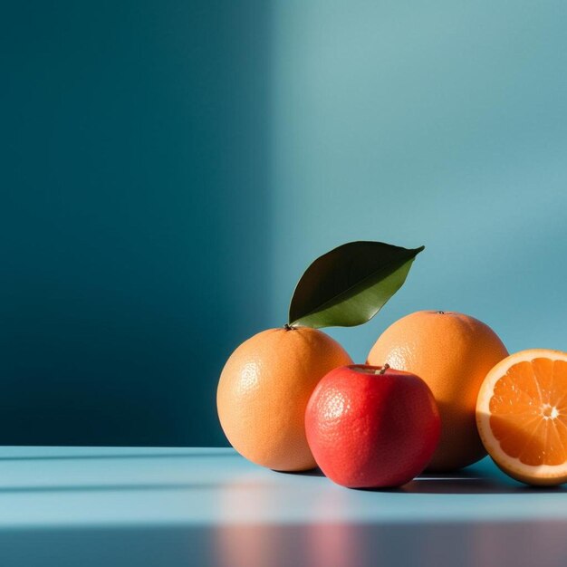 Trois oranges, une avec une feuille sur le dessus et l'autre avec une feuille dessus.