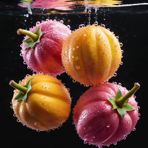 Photo trois oranges flottant dans l'eau avec des gouttes d'eau sur eux et un fond noir avec un cri rose