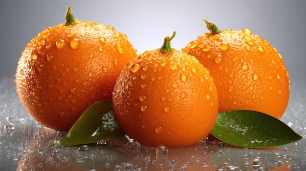 Trois oranges avec des gouttes d'eau dessus sur une table.