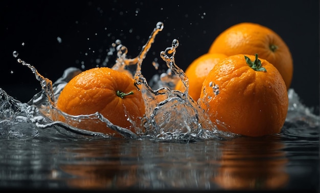 trois oranges sont éclaboussées dans l'eau avec un fond noir