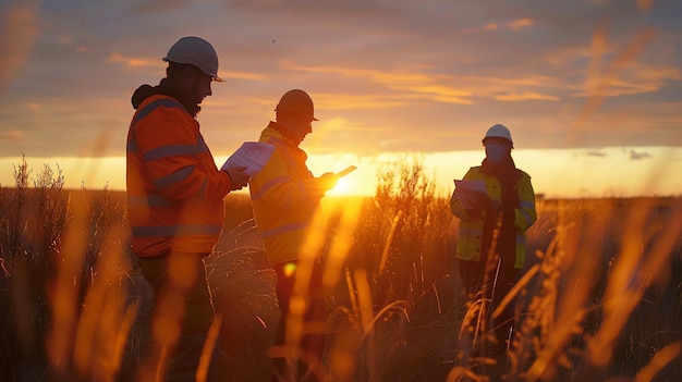 Photo trois ouvriers de la construction se tiennent dans un champ au coucher du soleil, ils portent des casques et des gilets de sécurité, ils regardent un plan.