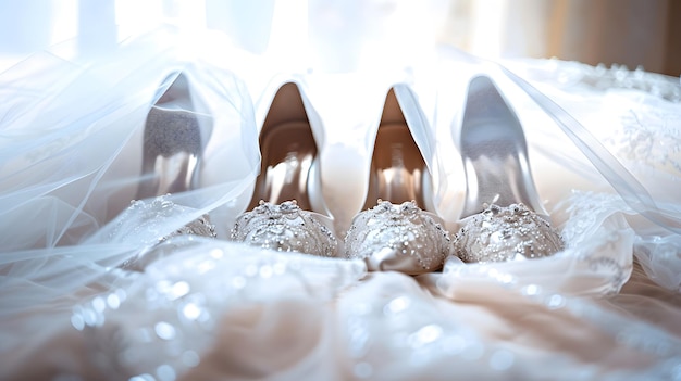 Photo trois paires de chaussures de mariée couvertes d'un voile sélection d'accessoires pour le br ia générative