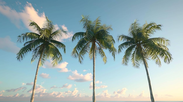 Trois palmiers sur un ciel bleu avec des nuages blancs la toile de fond parfaite pour une journée de détente au paradis