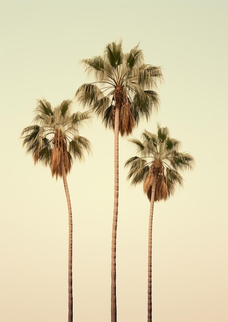 Photo trois palmiers sont debout dans une rangée sur une plage générative ai