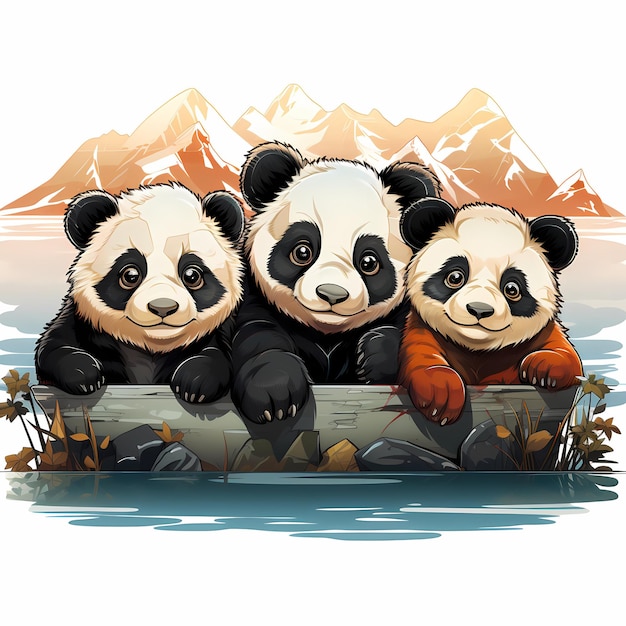 trois pandas sont assis sur un rocher avec des fleurs en arrière-plan