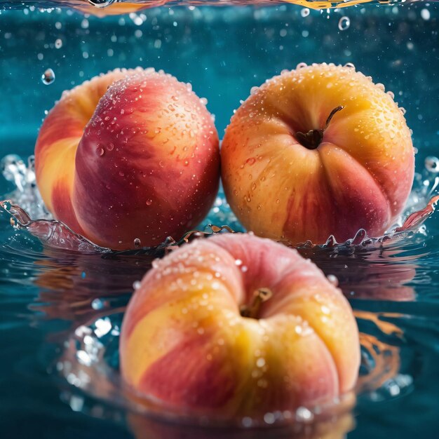 trois pêches flottent dans l'eau avec des bulles autour d'elles et un parapluie jaune est dans le bac