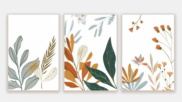 Trois peintures encadrées de feuilles sur un fond bleu