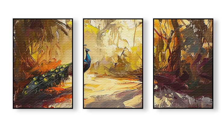 Photo trois peintures d'une forêt avec un oiseau à gauche