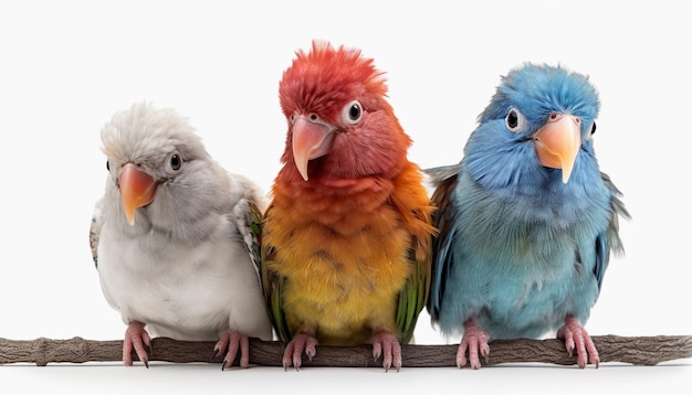 Trois perroquets sont assis sur une branche, l'un d'eux a une plume bleue et rouge.