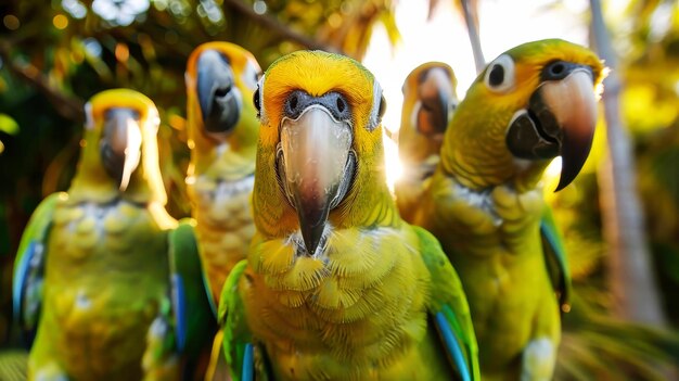 Trois perroquets vibrants avec des plumes colorées se tiennent côte à côte sur cette photo