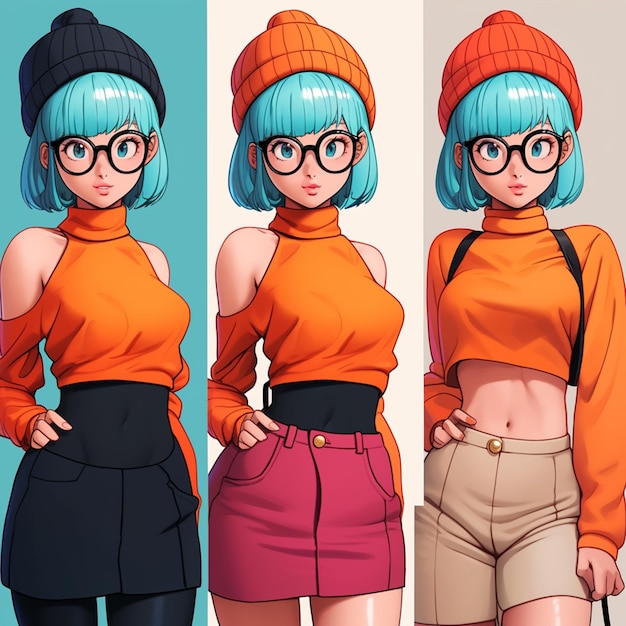 Photo trois personnages d'anime de différentes couleurs avec des lunettes et un chapeau