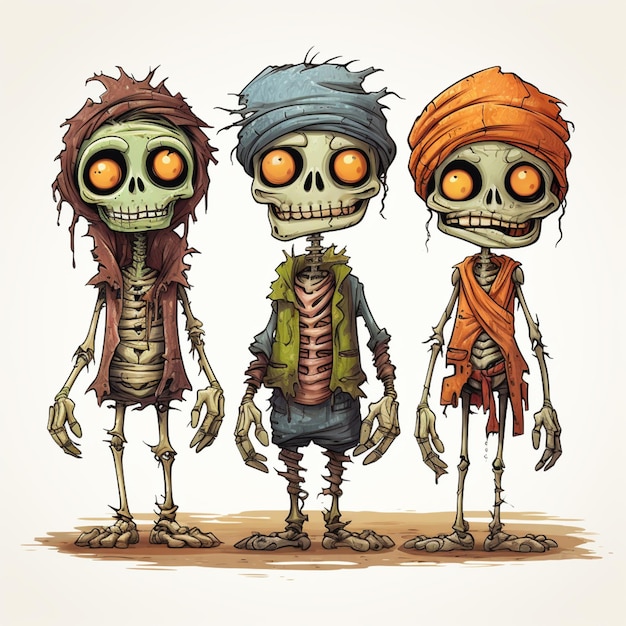 trois personnages de dessins animés de zombies avec des vêtements et des foulards de couleurs différentes