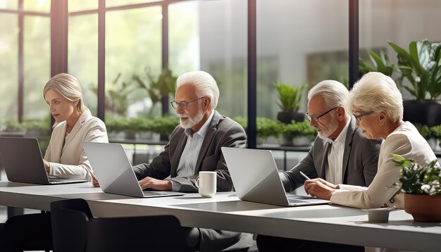 Trois personnes âgées regardent des ordinateurs portables dans le bureau.
