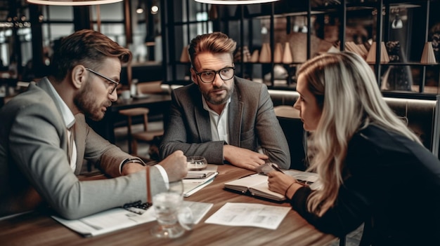 Trois personnes assises à une table dans un restaurant, l'une tenant une calculatrice et l'autre regardant une calculatrice.