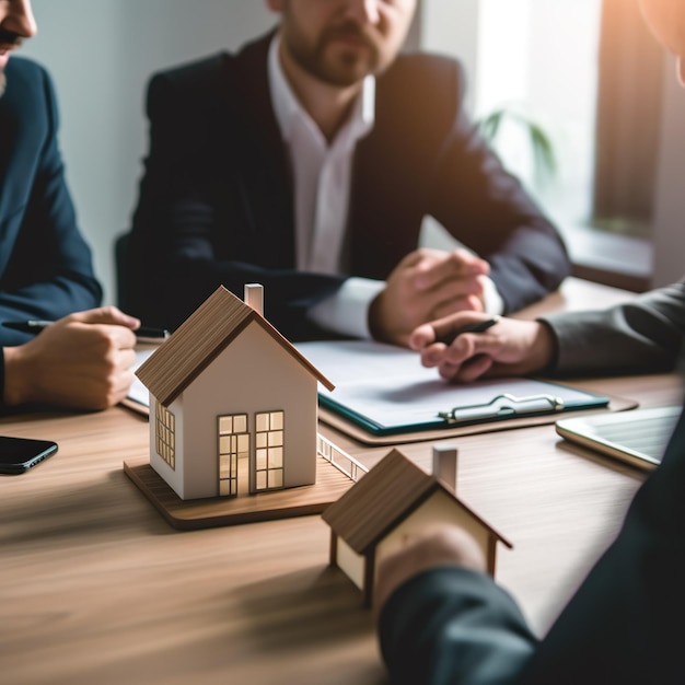 Trois personnes assises à une table avec une maison modèle dessus