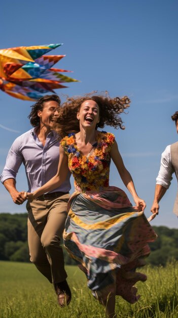 Photo trois personnes courent à travers un champ tenant la main avec un grand cerf-volant devant elles