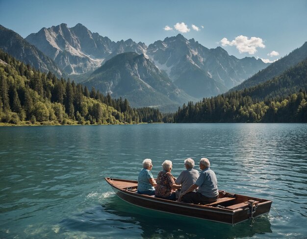 trois personnes dans un bateau avec des montagnes en arrière-plan