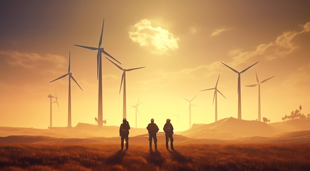 Trois personnes debout dans un champ d'éoliennes