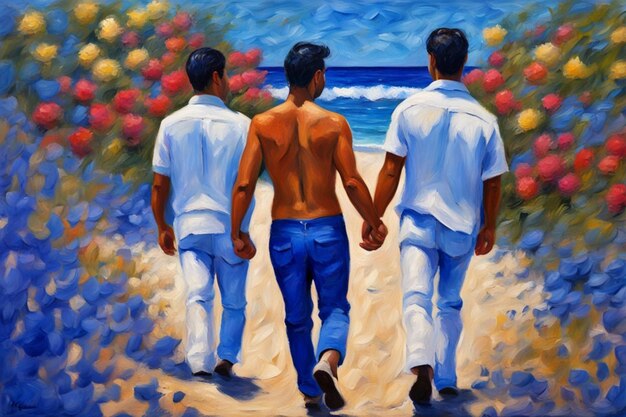 trois personnes fluides marchent à la main la plage romantique ouvert métis genre relation amoureuse peinture