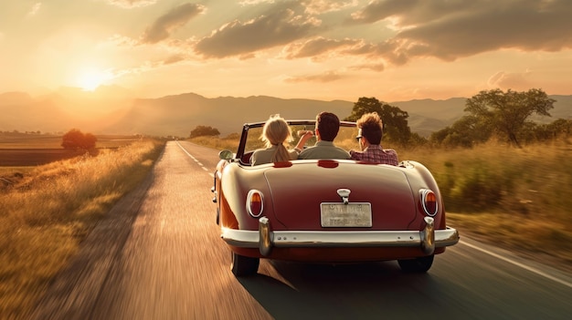 Trois personnes heureuses conduisent sur une route de campagne vers le coucher du soleil dans une voiture de sport vintage classique