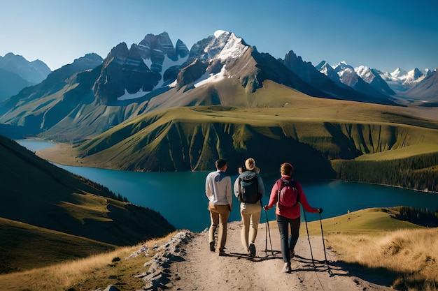 Trois personnes marchant sur un sentier dans les montagnes