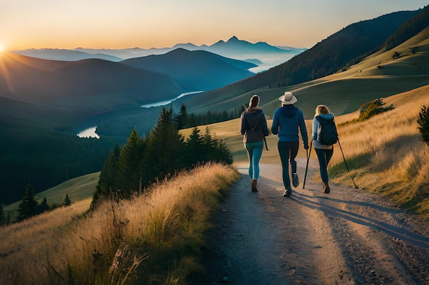 Trois personnes marchant sur un sentier de montagne avec des montagnes en arrière-plan