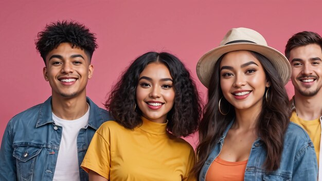 Photo trois personnes posant pour une photo avec un fond rose