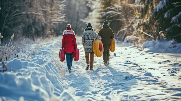 Trois personnes profitent d'une promenade d'hiver