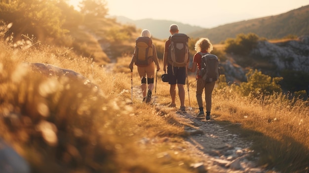 Trois personnes en randonnée à travers un magnifique paysage naturel pendant l'heure d'or