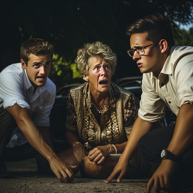 Photo trois personnes regardent une femme avec un visage sur son visage