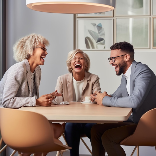 Trois personnes rient à une table dont l'une a le sourire aux lèvres.