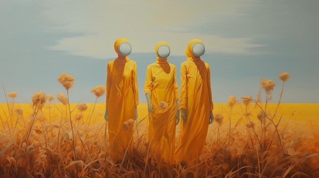 Photo trois personnes en robes jaunes se tiennent dans un champ d'herbes hautes