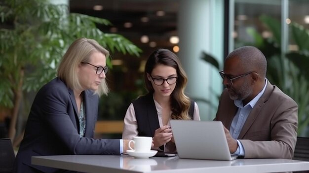 trois personnes sont assises à une table avec un ordinateur portable et une tasse de café