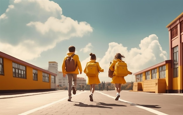 Trois personnes en veste jaune marchant dans la rue