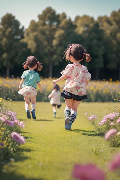 Trois petites filles courant sur un chemin avec des fleurs en arrière-plan