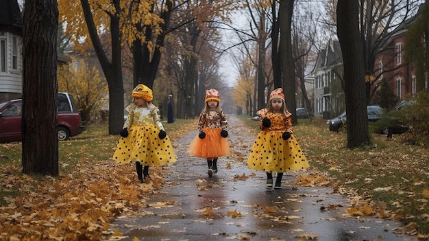 Trois petites filles en robes orange et jaune marchent dans une rue avec des feuilles mortes sur le sol.