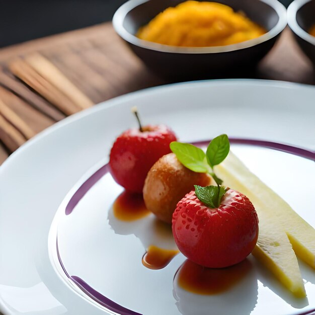 Trois petites pommes sur une assiette avec une bande violette autour du bord.