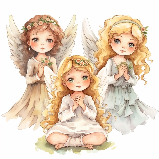trois petits anges avec des fleurs dans leurs mains