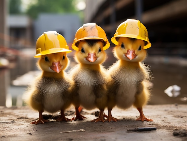 trois petits canards portant des casques debout les uns à côté des autres ai générative