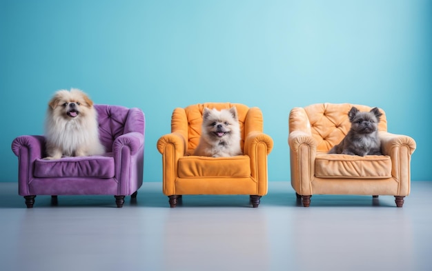 Trois petits chiens dans des chaises vibrantes