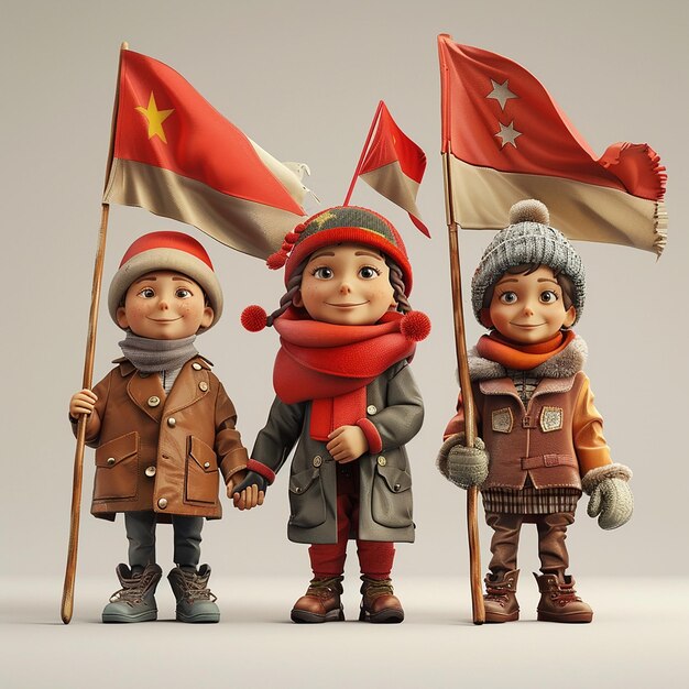trois petits enfants tiennent des drapeaux et l'un d'eux a une étoile rouge dessus