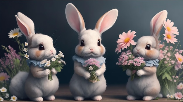 Trois petits lapins se tiennent debout et tiennent des fleurs AI générative