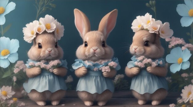 Trois petits lapins tiennent des fleurs dans le style de la peinture numérique par Generative AI
