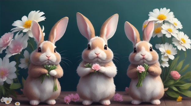 Trois petits lapins tiennent des fleurs dans le style de la peinture numérique par Generative AI