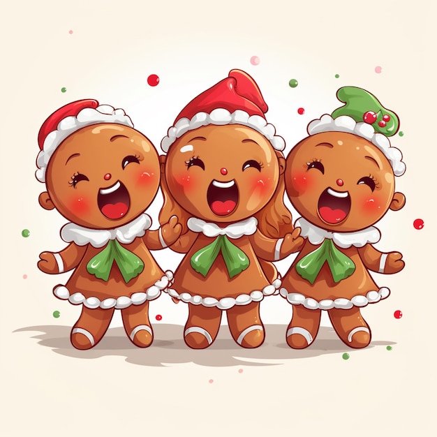 trois petits pains d'épice chantant et portant des chapeaux de Noël
