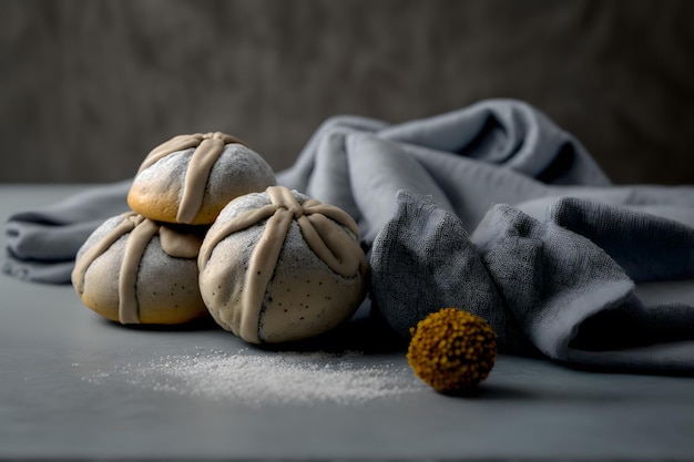 Trois petits pains sur une table avec une serviette bleue.