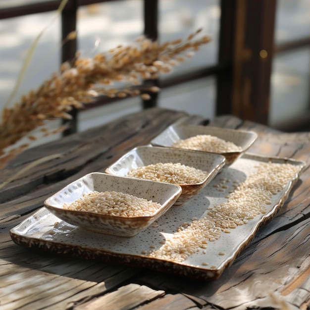 trois petits plateaux de blé et de blé sur une table