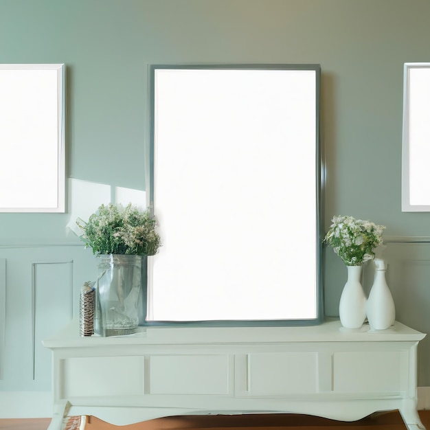 Trois photos encadrées de blanc sur une table avec deux vases de fleurs.