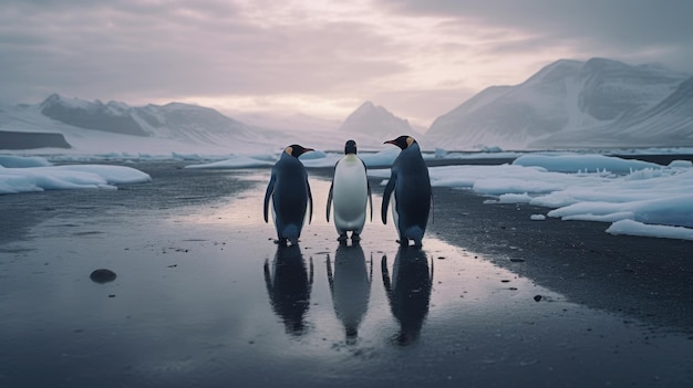 Photo trois pingouins dans l'arctique minimalisme faune glaciers hiver froid ia générative
